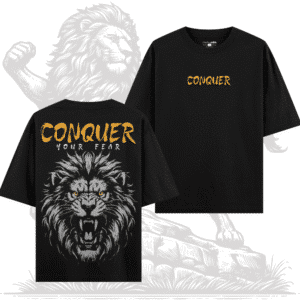 Conquer Your Fear – Oversized Black Graphic T-Shirt (Lion Print)