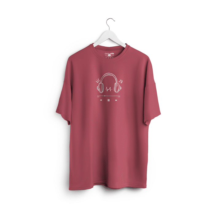 Onion-pink-tee Muted onion pink oversized t-shirt with white minimal headphone and music icon print, part of the Checks & Solids casual streetwear collection.