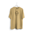 Beige unisex oversized t-shirt featuring a black headphone line art with music notes and play controls, designed by Checks & Solids for casual, music-inspired fashion.