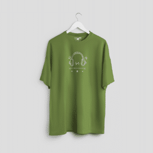 Olive green oversized t-shirt with minimalist white headphone and music player graphic by Checks & Solids, perfect for music lovers and streetwear fans.