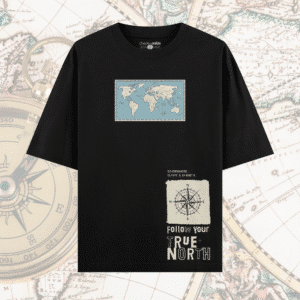 "True North" Oversized Map & Compass T-Shirt – Black | 100% Cotton | Unisex Streetwear