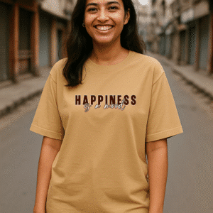 Women’s Oversized Beige T-Shirt – Happiness is a Mood