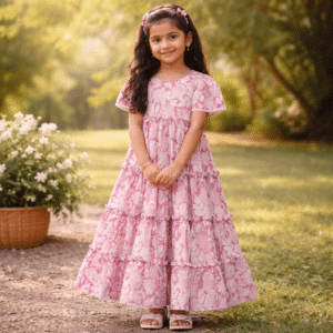 Pink Meadow Ankle-Length Summer Dress for Little Girls | Bloom by Checks and Solids