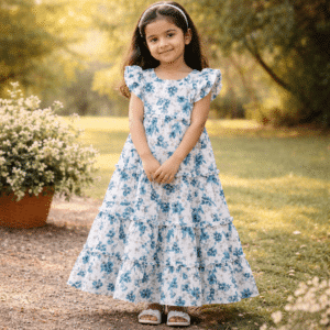 Teal Blossom Ankle-Length Handcrafted Cotton Frock | Bloom by Checks and Solids