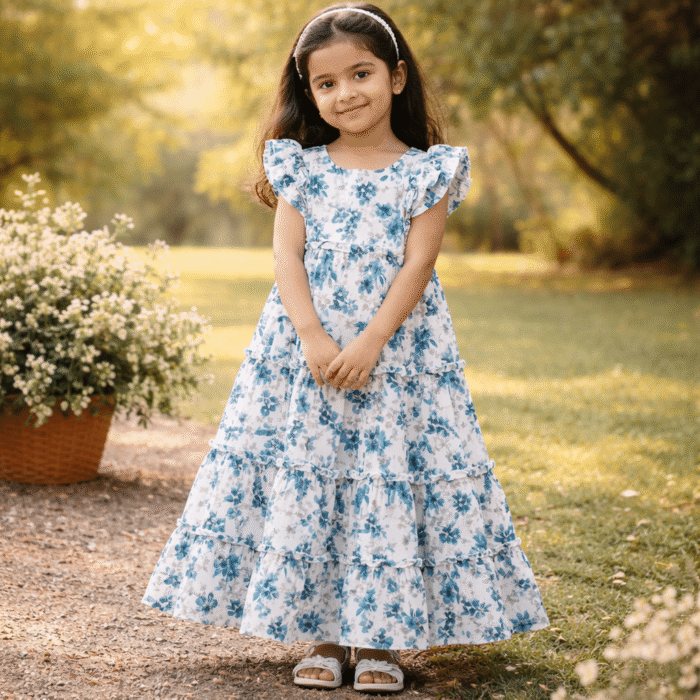 Teal Blossom Ankle-Length Cotton Frock